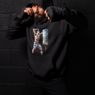 Boxer Hugging Heavy Bag Training Boxing Hoodie - Shadowbox Design Preview