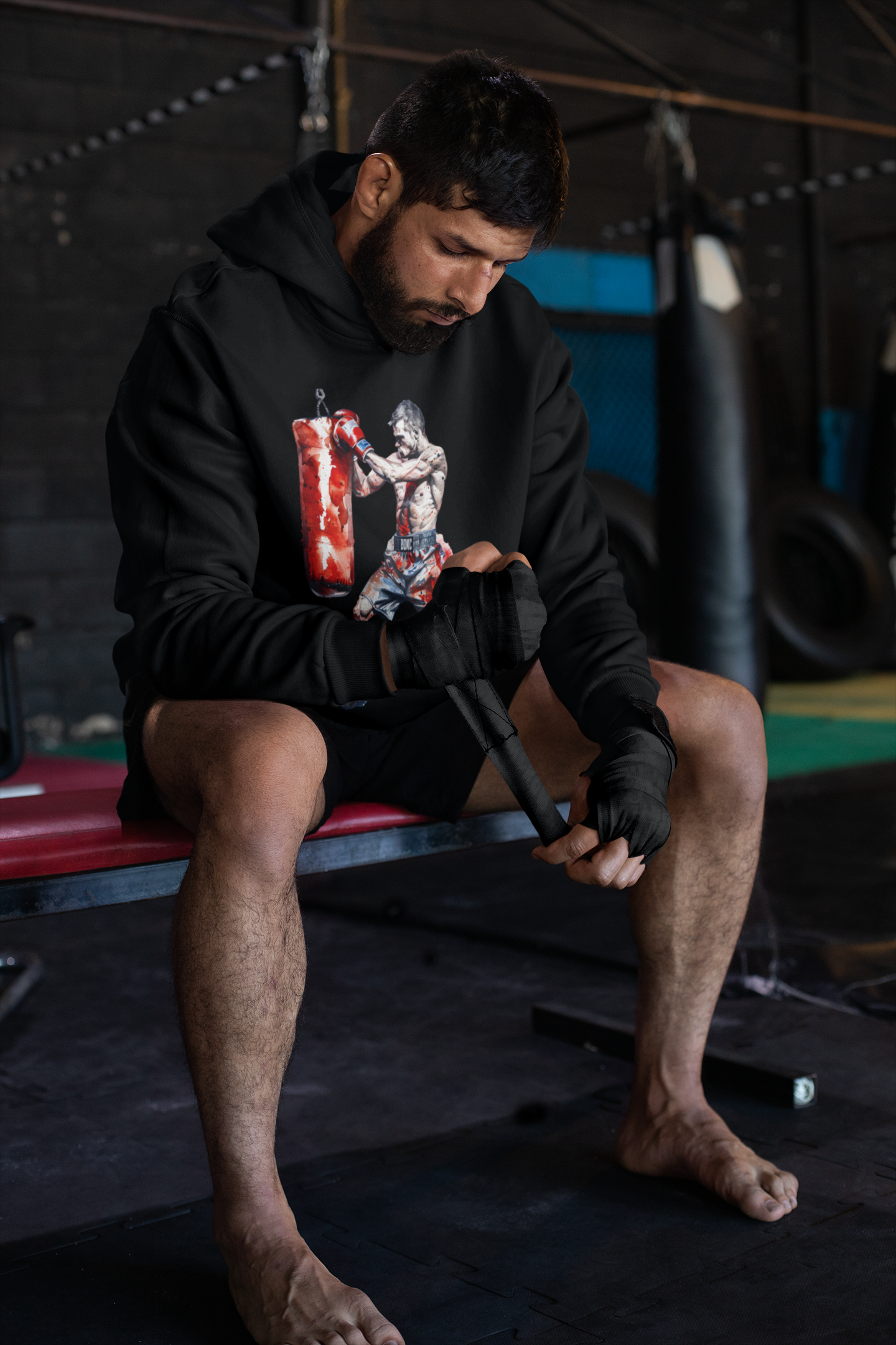 Boxer Punching Heavy Bag Orange Boxing Hoodie - Front View