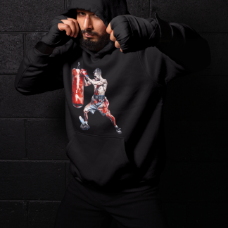 Boxer Throwing Right Hook Red Shorts Boxing Hoodie - Red Shadowbox Design Preview