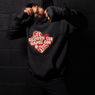 Gloves On Game On Boxing Hoodie - Black Shadowbox Design Preview