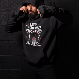 Life Throws Punches Resilience Boxing Hoodie - Black Shadowbox Design Preview