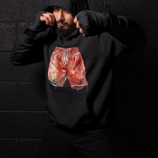Red Boxing Shorts Glossy Hoodie - Red Shadowbox Design Preview