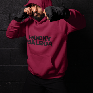 Rocky Balboa Bold Stacked Text Boxing Hoodie - Burgundy Shadowbox Design Preview