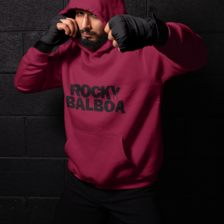 Rocky Balboa Distressed Text Boxing Hoodie - Burgundy Shadowbox Design Preview