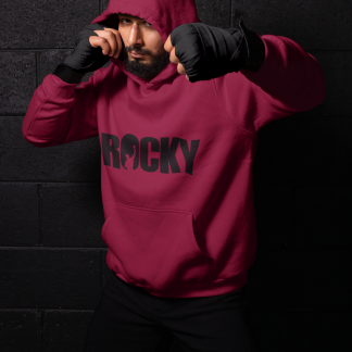 Rocky Bold Text Boxer Logo Boxing Hoodie - Burgundy Shadowbox Design Preview