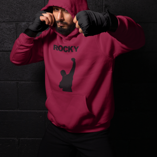 Rocky Bold Text Fist Raised Figure Boxing Hoodie - Burgundy Shadowbox Design Preview