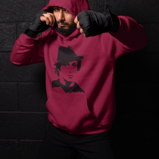 Rocky Fedora Portrait Intense Boxing Hoodie - Burgundy Shadowbox Design Preview