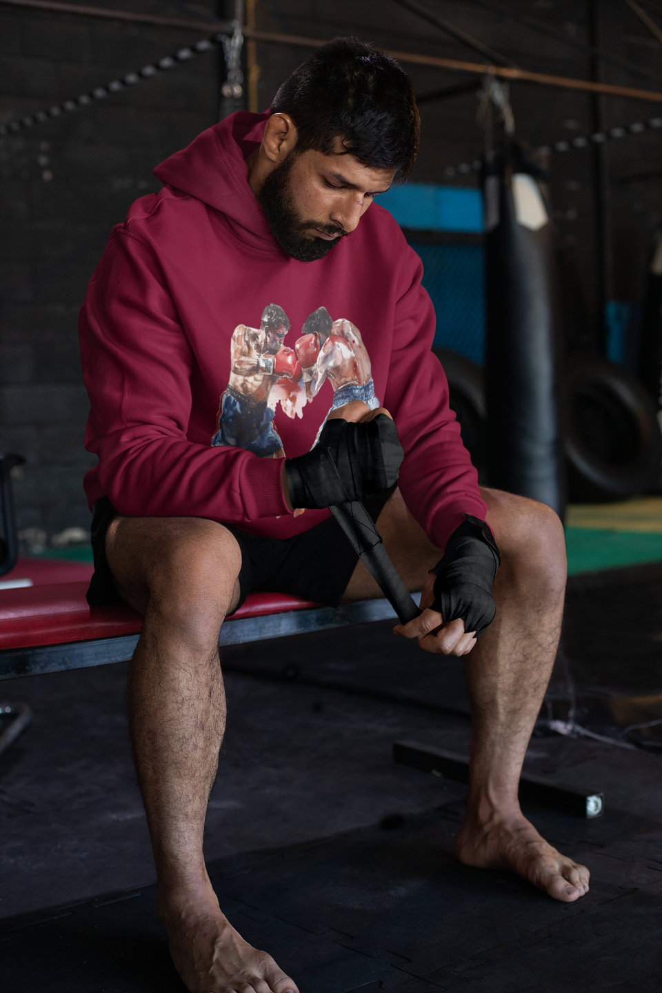 Boxer Throwing Punch Red vs Blue – Burgundy Hoodie