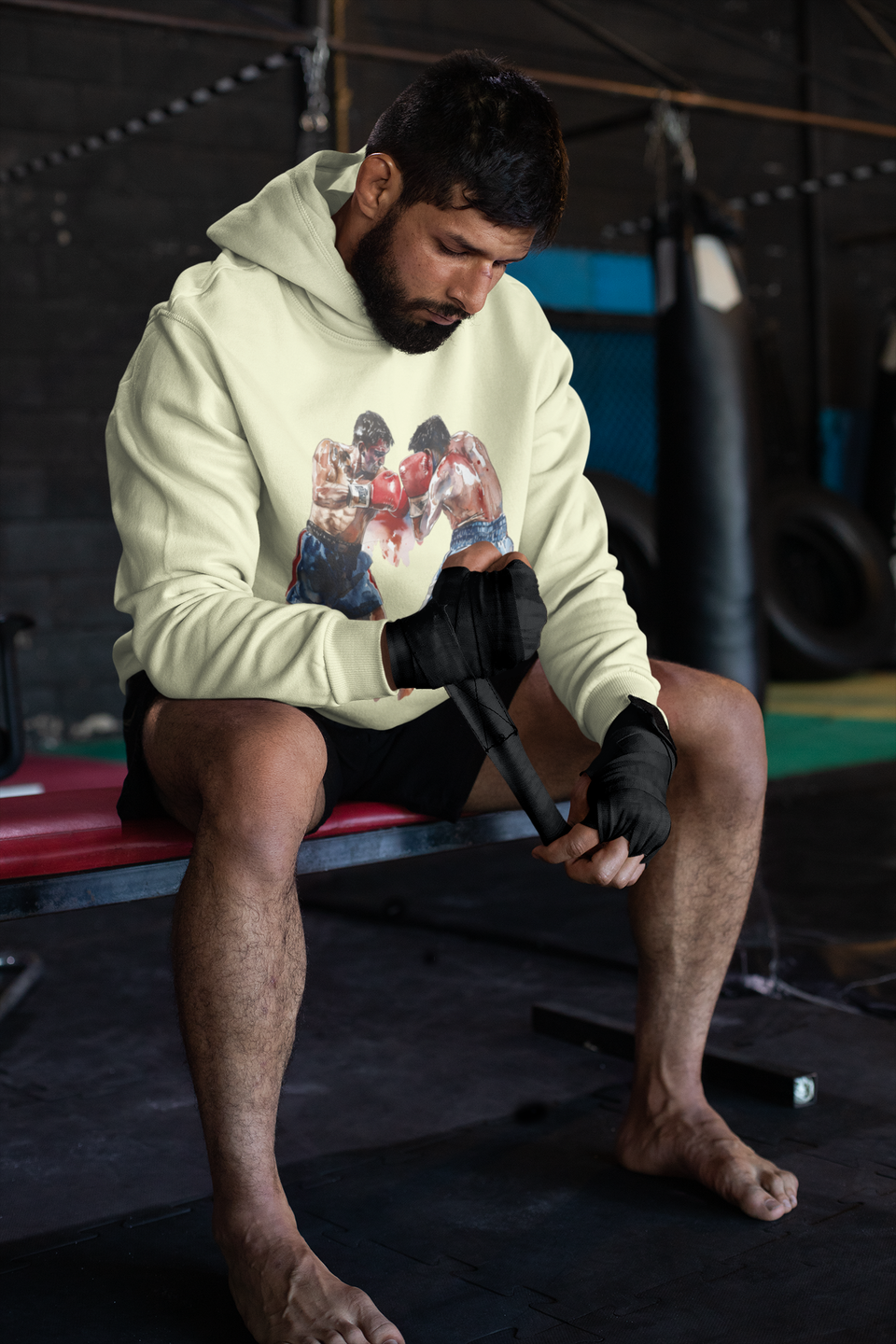 Boxer Throwing Punch Red vs Blue – Cream Hoodie