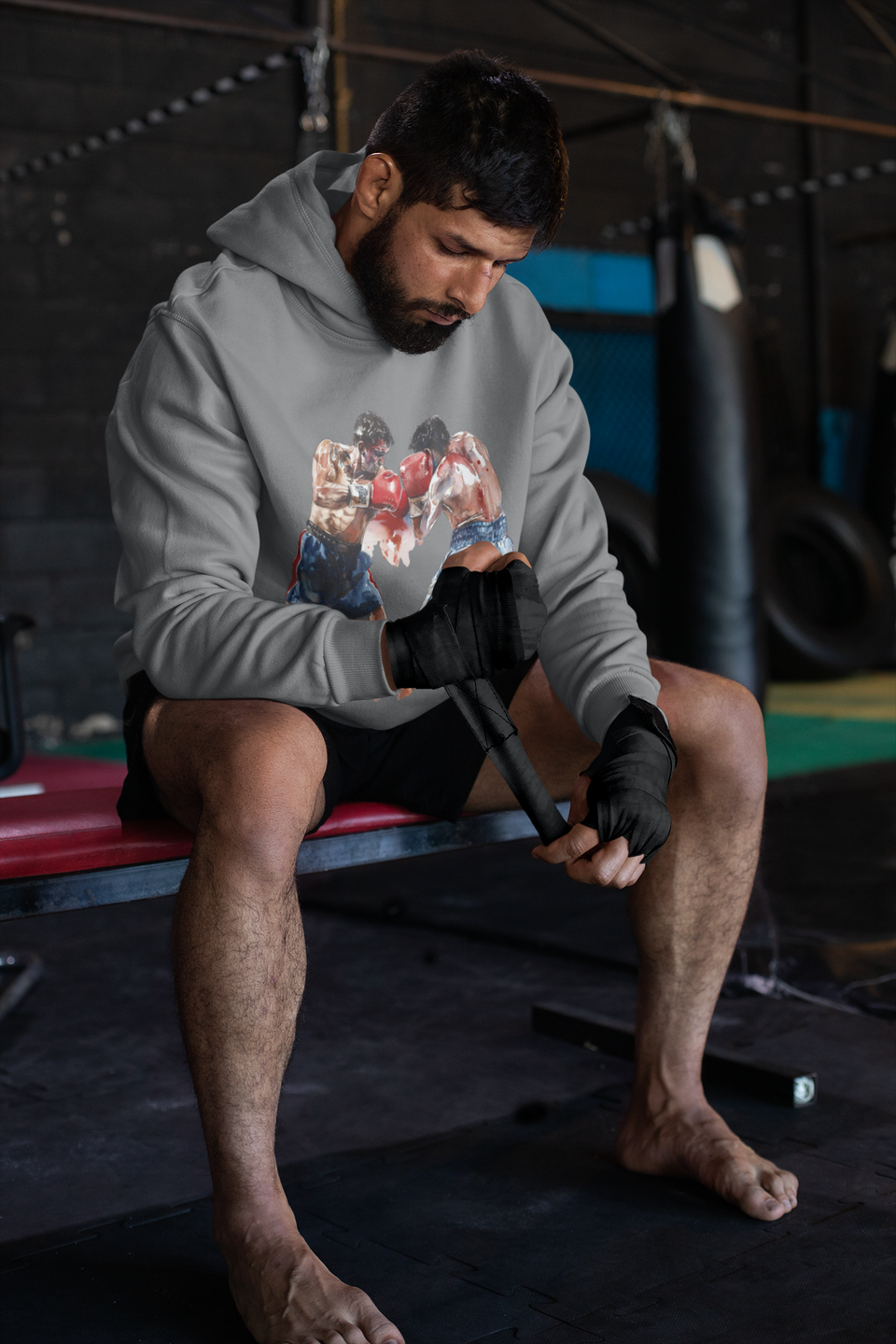 Boxer Throwing Punch Red vs Blue – Grey Hoodie