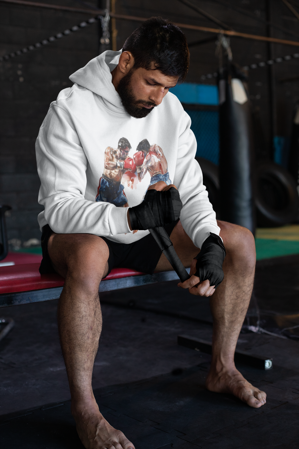 Boxer Throwing Punch Red vs Blue – White Hoodie