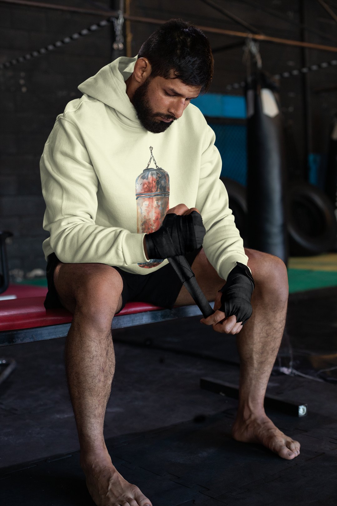 Red Orange Heavy Bag Worn – Cream Hoodie