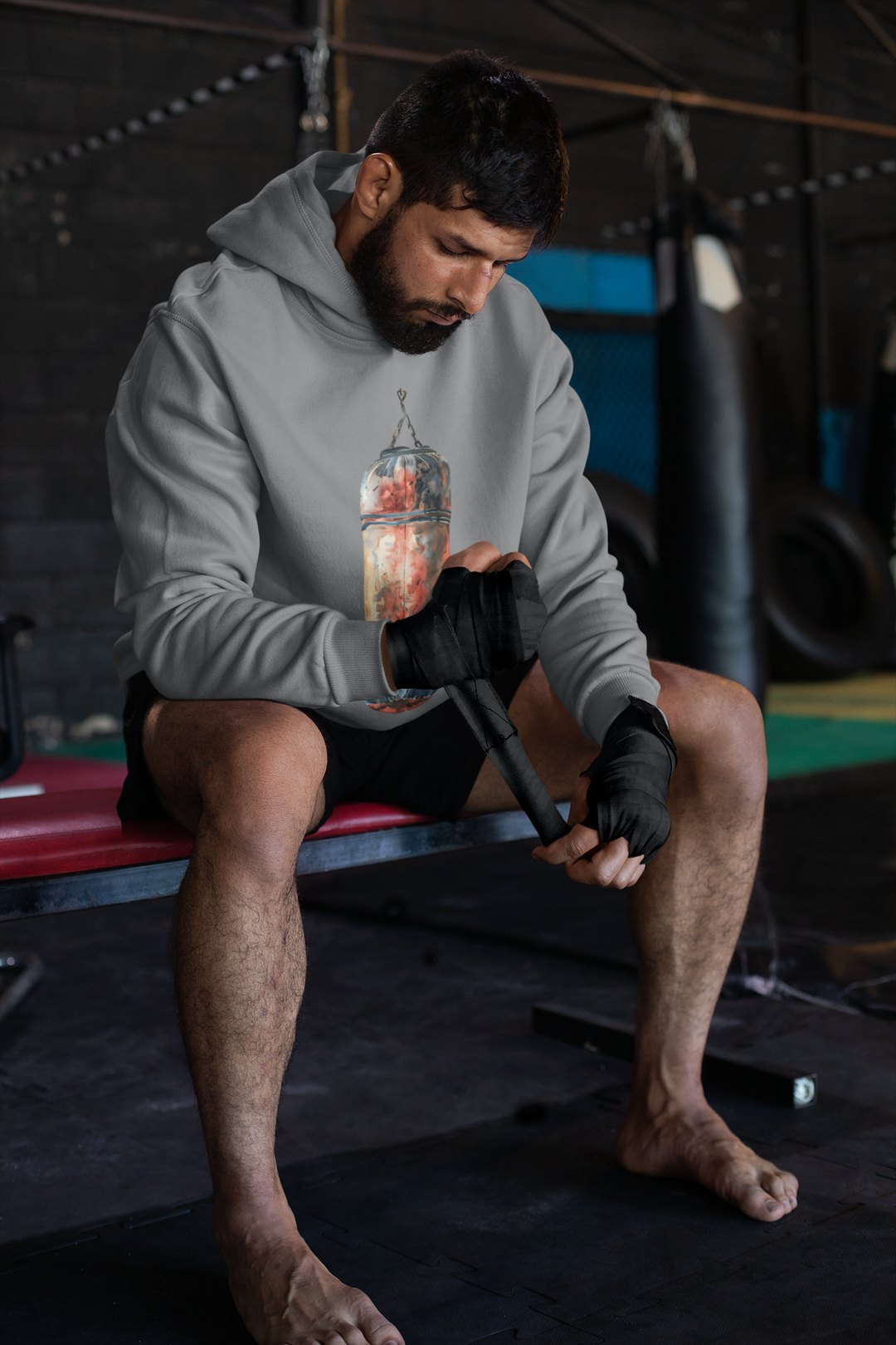 Red Orange Heavy Bag Worn – Grey Hoodie