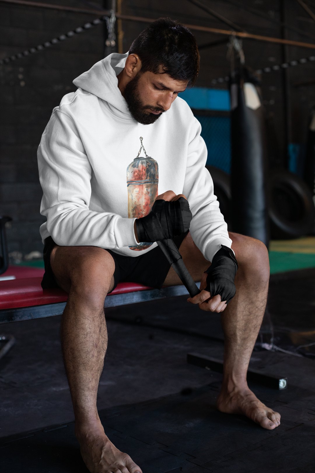Red Orange Heavy Bag Worn – White Hoodie
