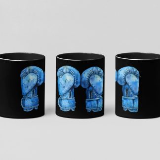 Blue Boxing Gloves Hanging Laced boxing mug in black