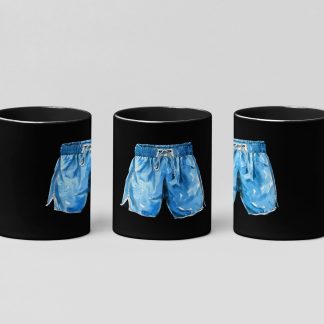 Blue Boxing Shorts White Trim boxing mug in black