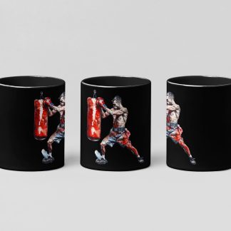 Boxer Throwing Right Hook Red Shorts boxing mug in black