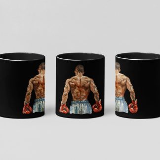 Boxer Back View Red Gloves Muscular boxing mug in black