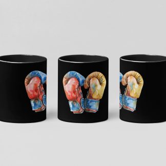 Red Yellow Gold Gloves Touching boxing mug in black