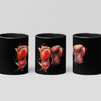 Red Gloves Fire Burst boxing mug in black