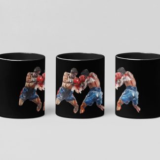 Boxer Throwing Punch Red Vs Blue boxing mug in black