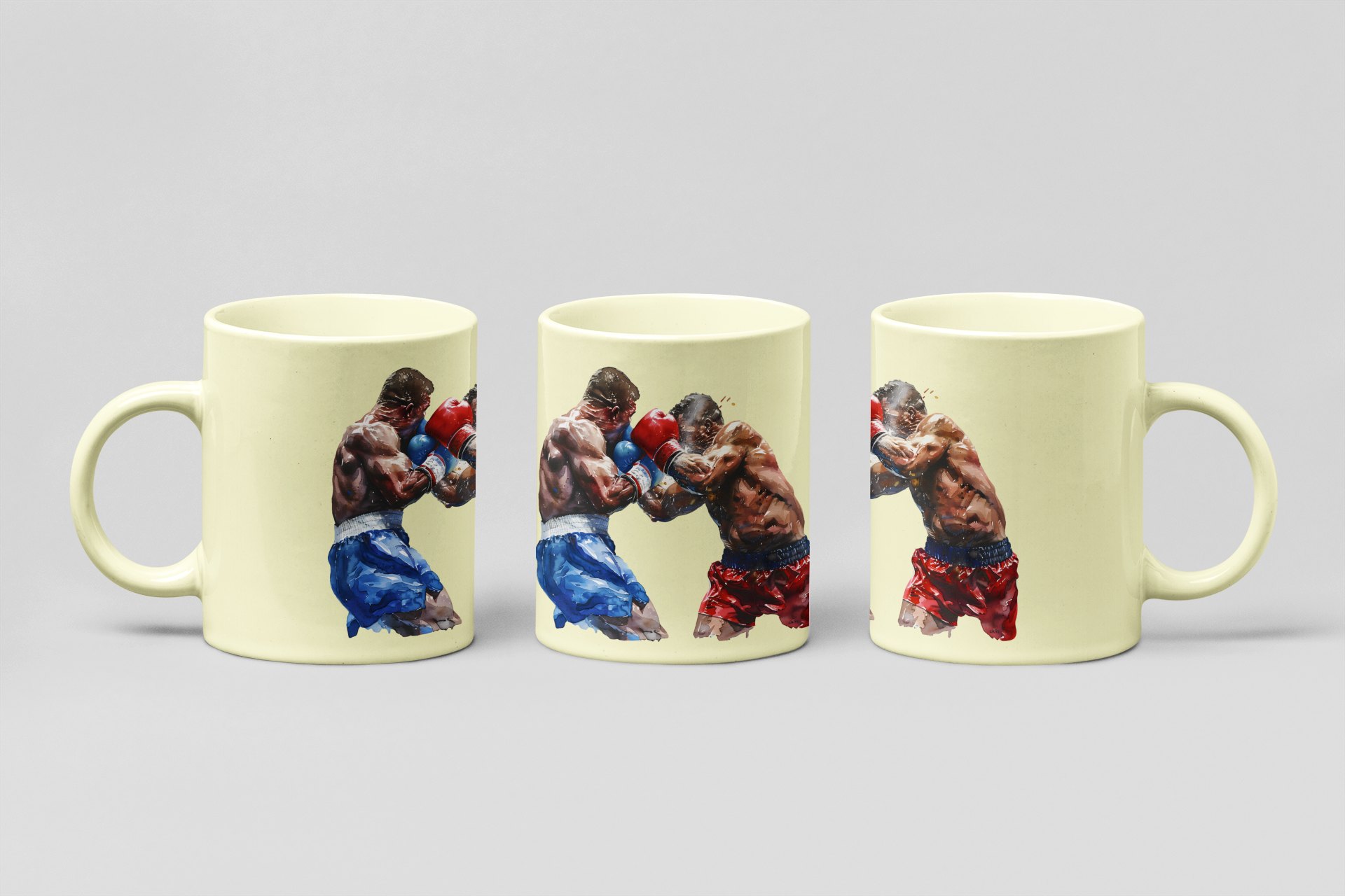 Boxers Red Blue Close Clash boxing mug in cream