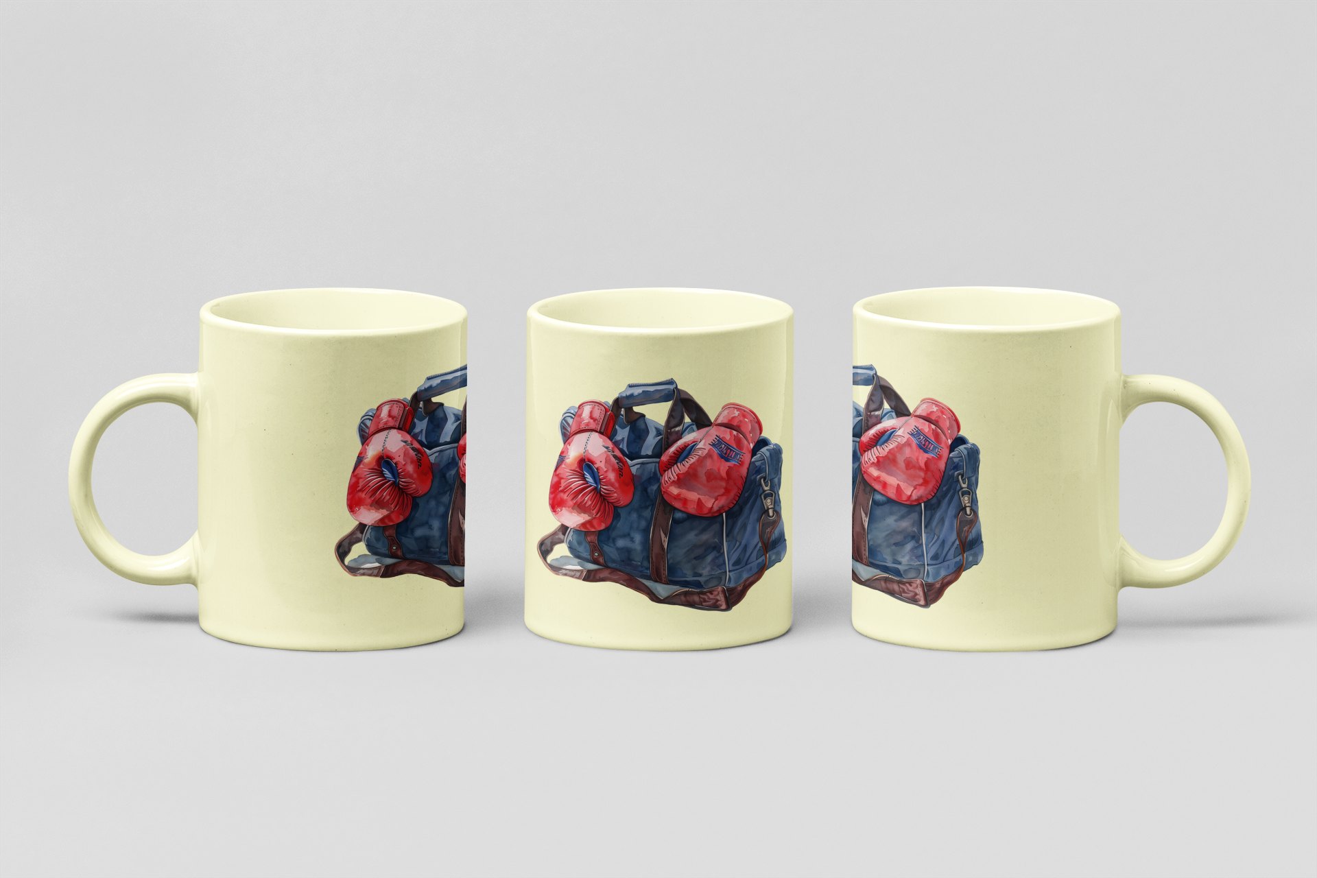 Red Blue Gym Bag Gloves boxing mug in cream