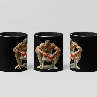 Fighter Seated Gold Belt Red Gloves boxing mug in black