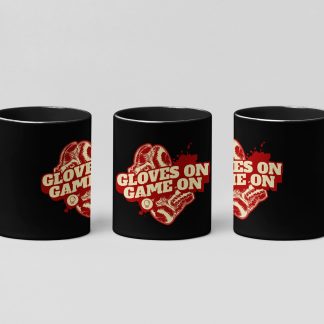 Gloves On, Game On boxing mug in black