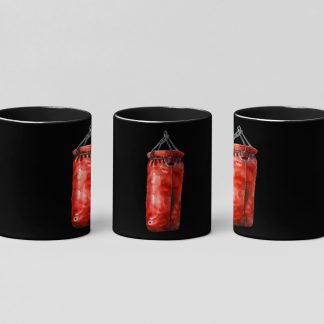 red heavy bag boxing mug in black