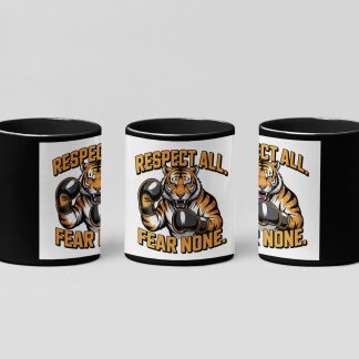 respect all fear none tiger boxing mug in black