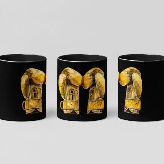 gold gloves leaning boxing mug in black