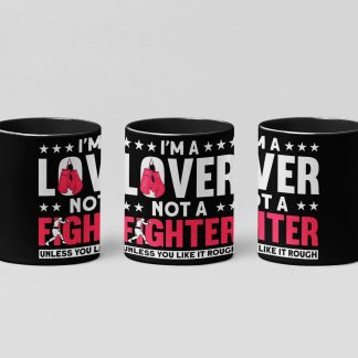 Lover Not Fighter Pink boxing mug in black