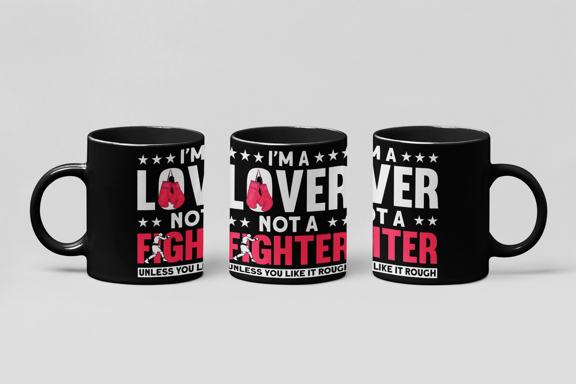 Lover Not Fighter Pink boxing mug in black