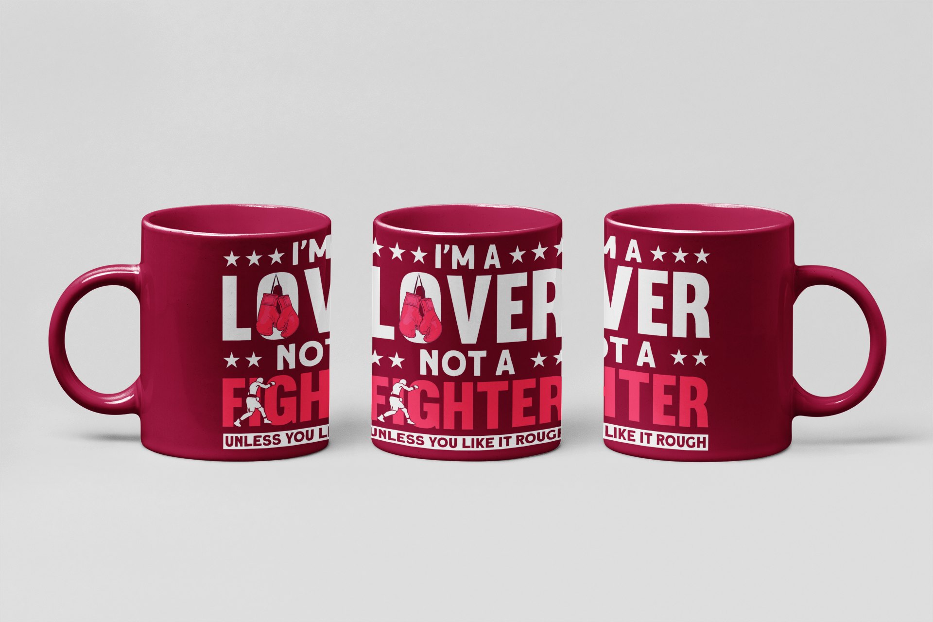 Lover Not Fighter Pink boxing mug in burgundy