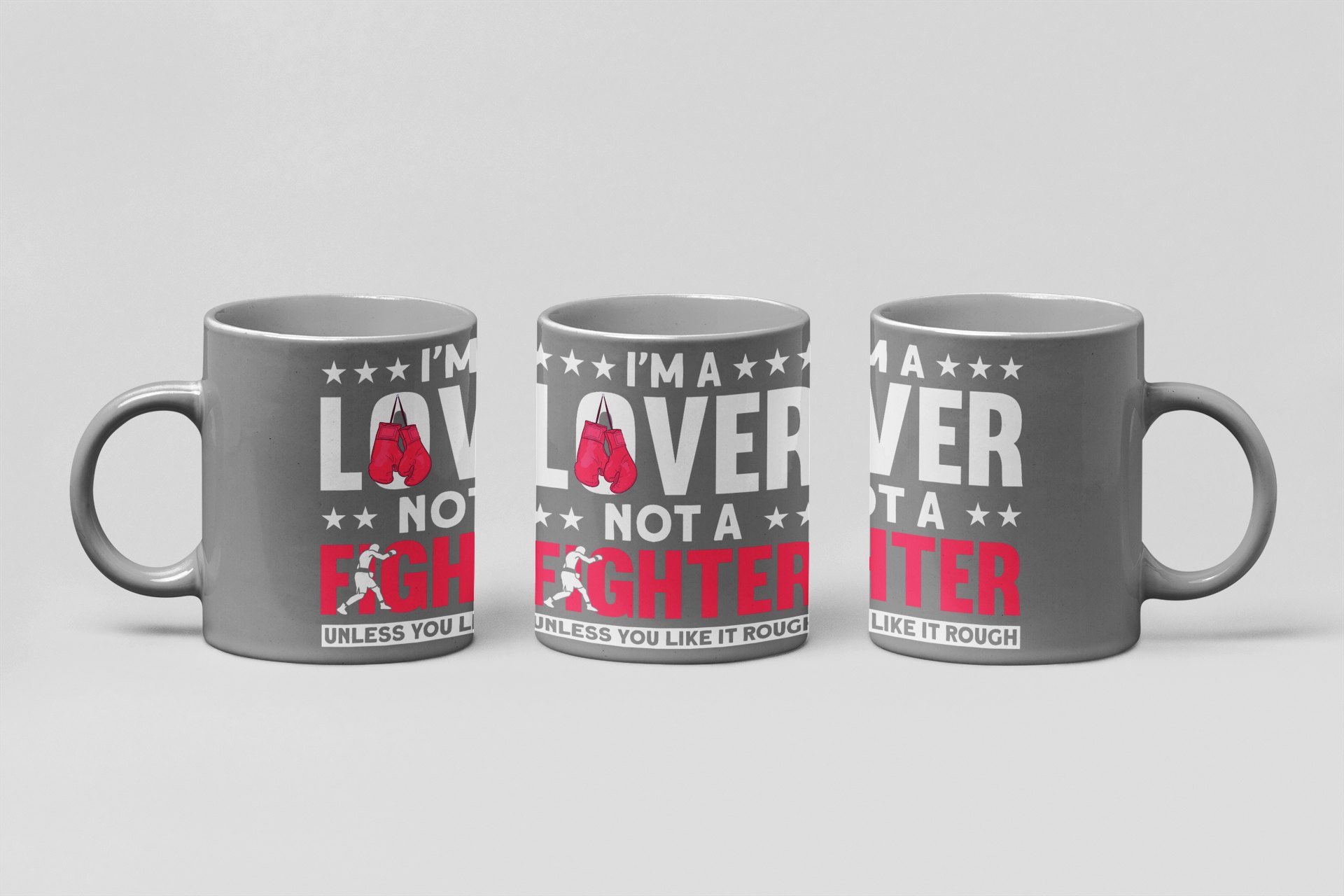 Lover Not Fighter Pink boxing mug in grey