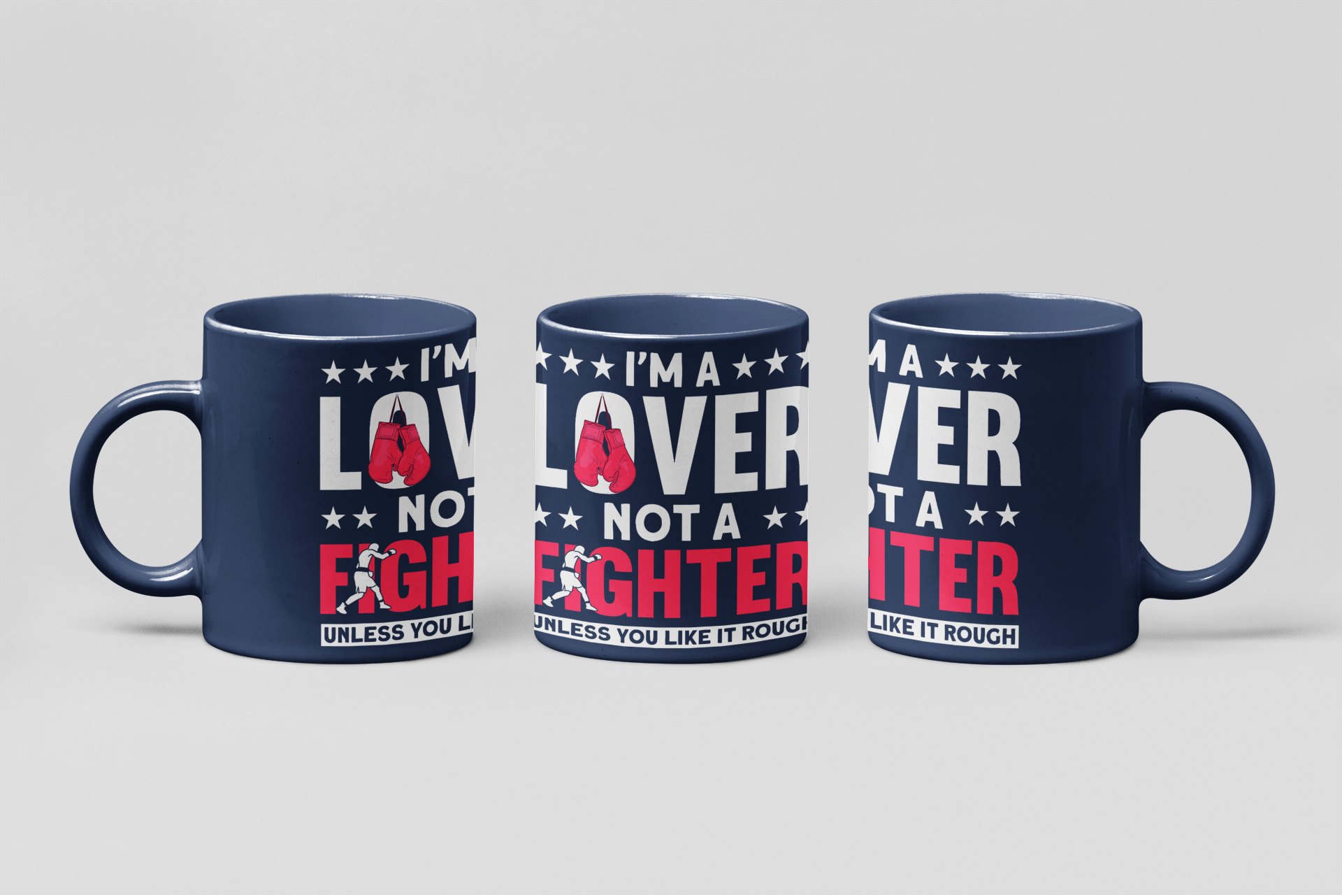 Lover Not Fighter Pink boxing mug in navy