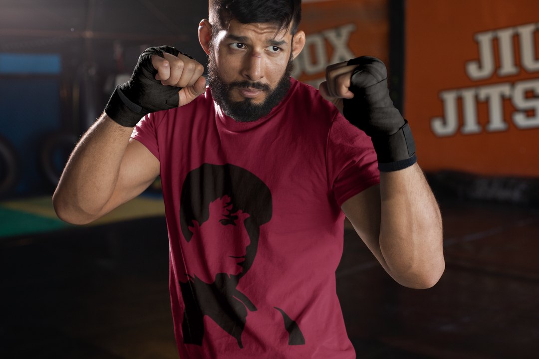 Rocky Side Profile Silhouette boxing t-shirt in burgundy, sparring shot