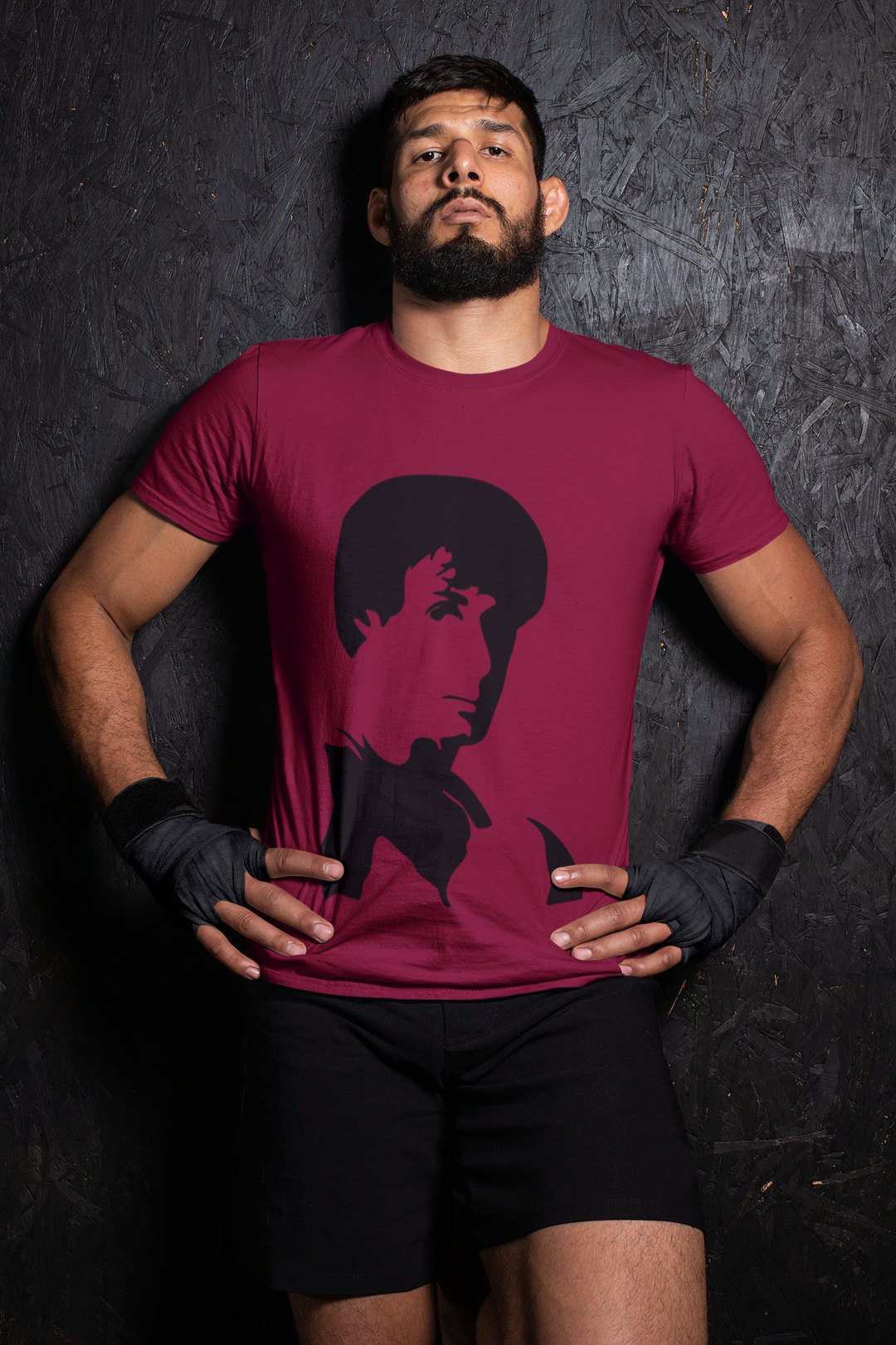 Rocky Side Profile Silhouette boxing t-shirt in burgundy, wrestler shot