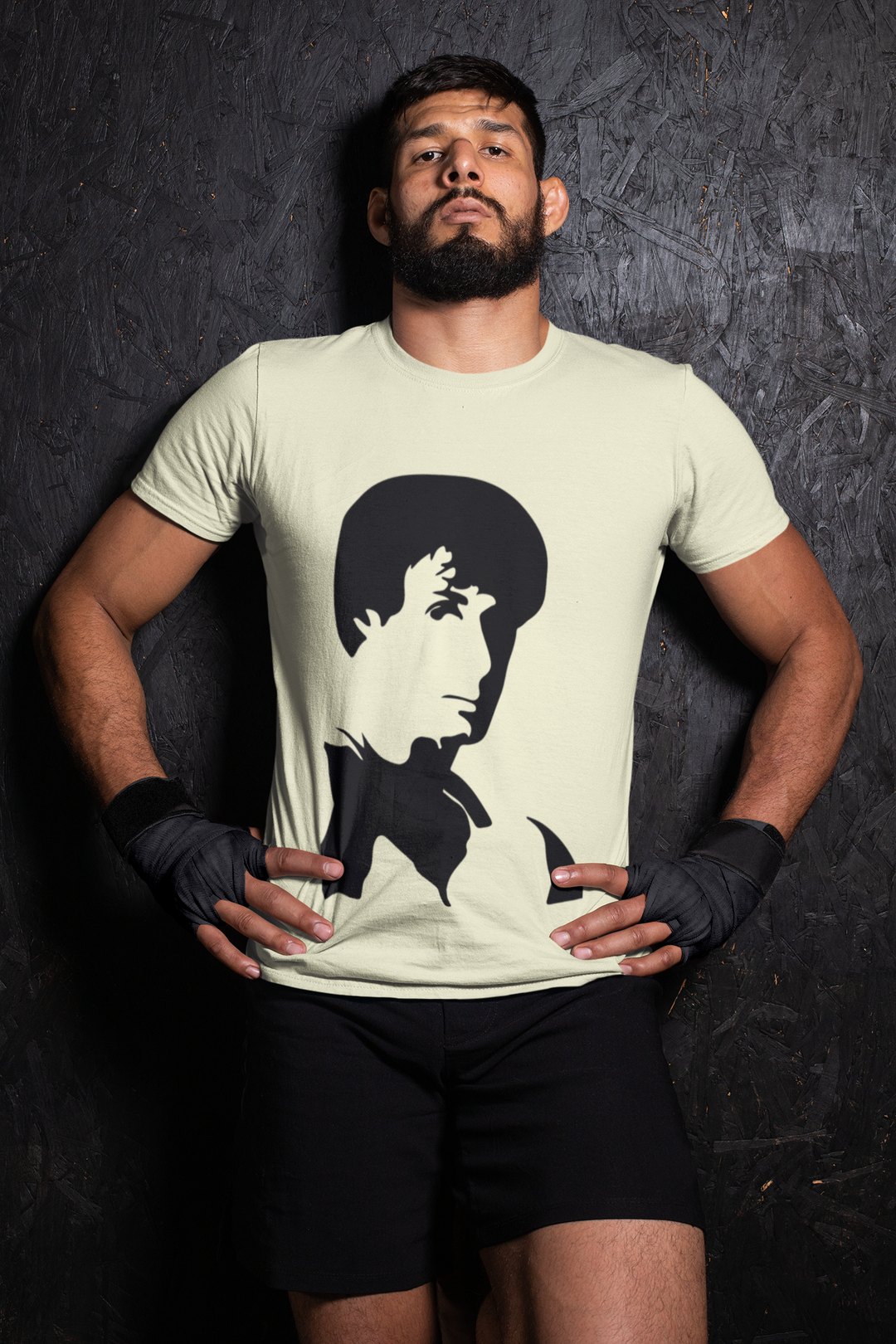 Rocky Side Profile Silhouette boxing t-shirt in cream, wrestler shot
