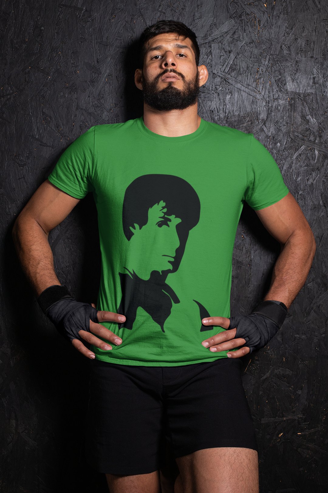 Rocky Side Profile Silhouette boxing t-shirt in forest green, wrestler shot