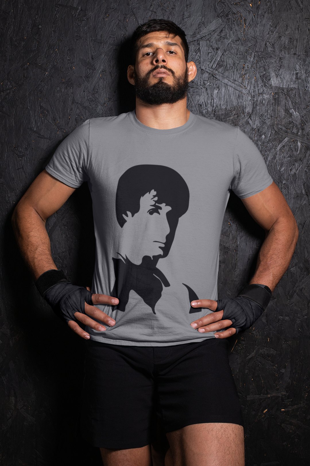 Rocky Side Profile Silhouette boxing t-shirt in grey, wrestler shot