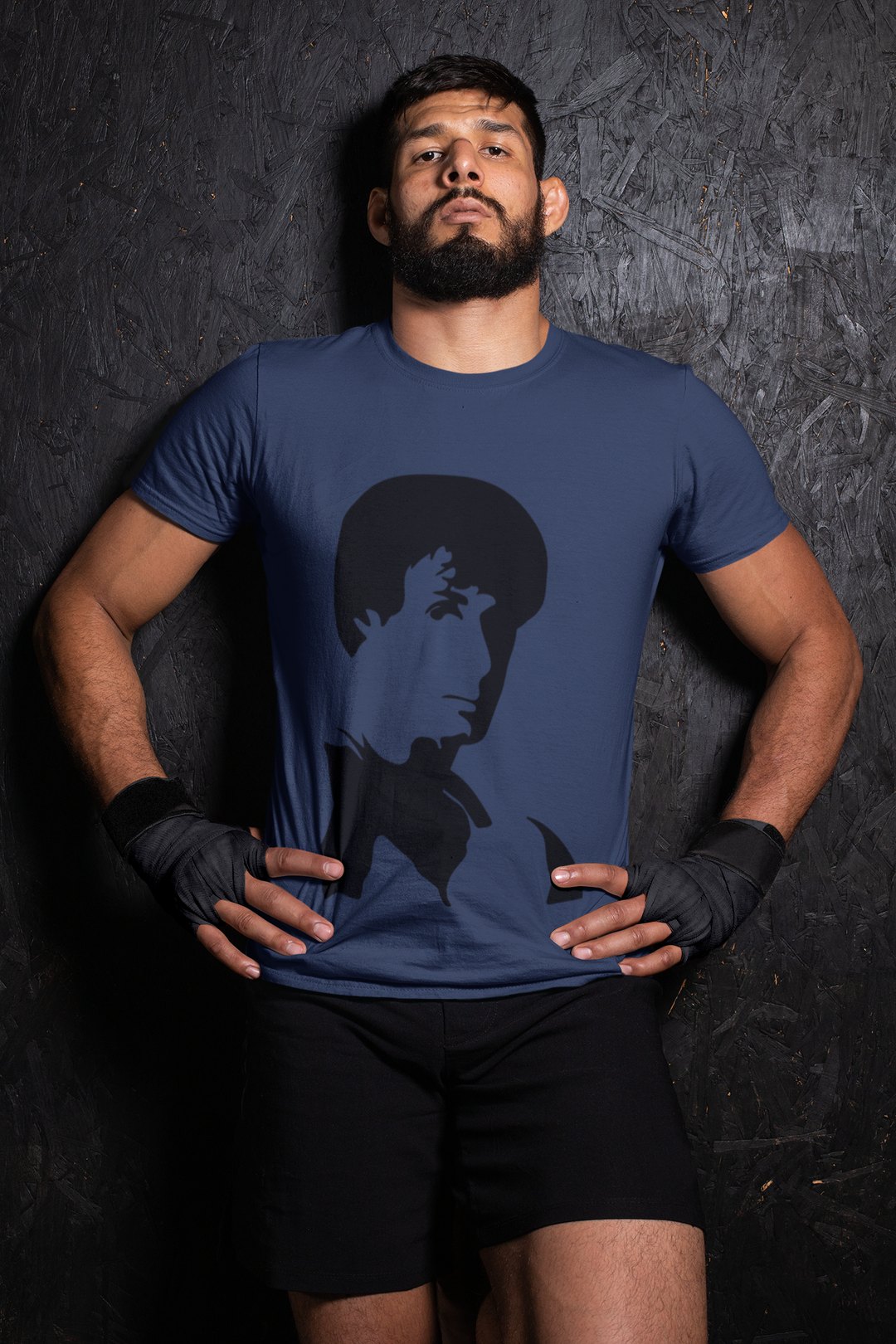 Rocky Side Profile Silhouette boxing t-shirt in navy, wrestler shot