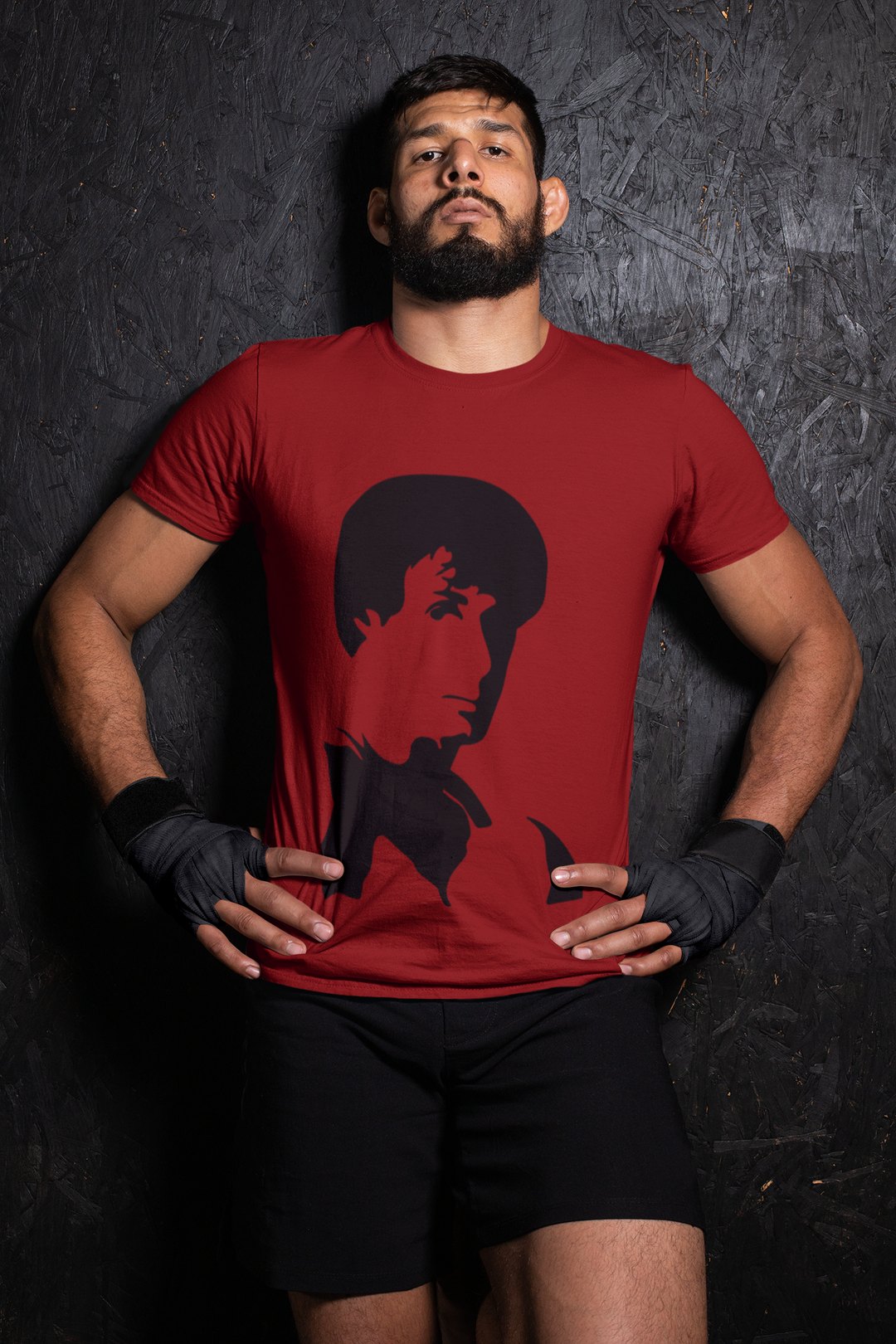 Rocky Side Profile Silhouette boxing t-shirt in red, wrestler shot