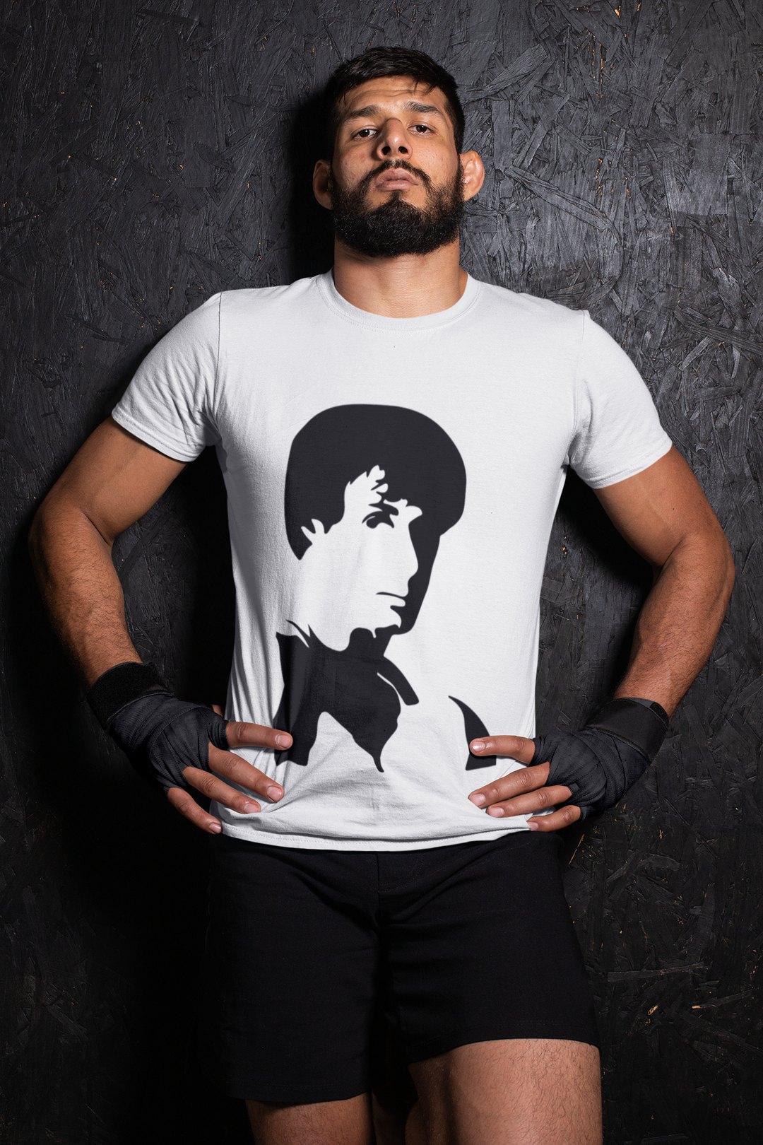 Rocky Side Profile Silhouette boxing t-shirt in white, wrestler shot