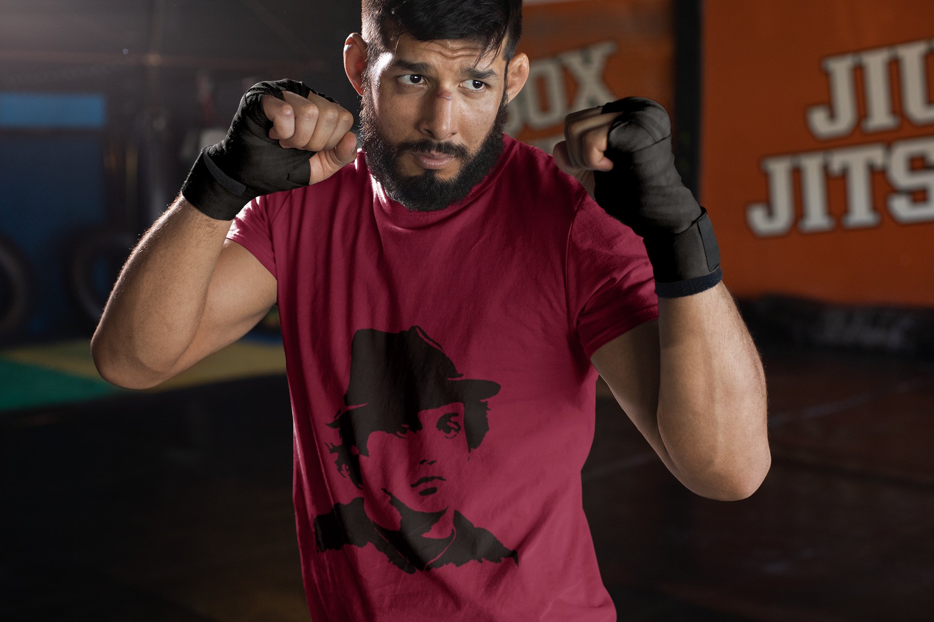 Rocky Fedora Cross Portrait boxing t-shirt in burgundy, sparring shot