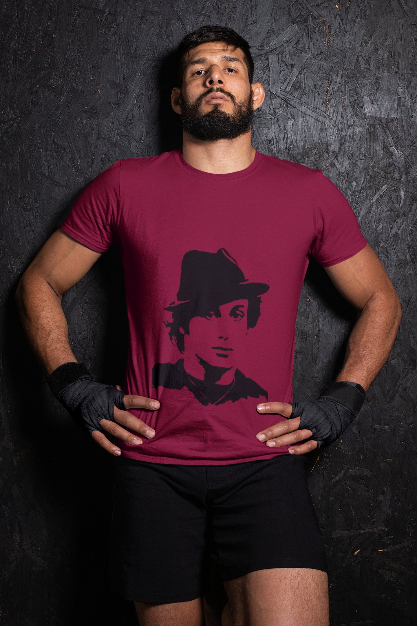 Rocky Fedora Cross Portrait boxing t-shirt in burgundy, wrestler shot