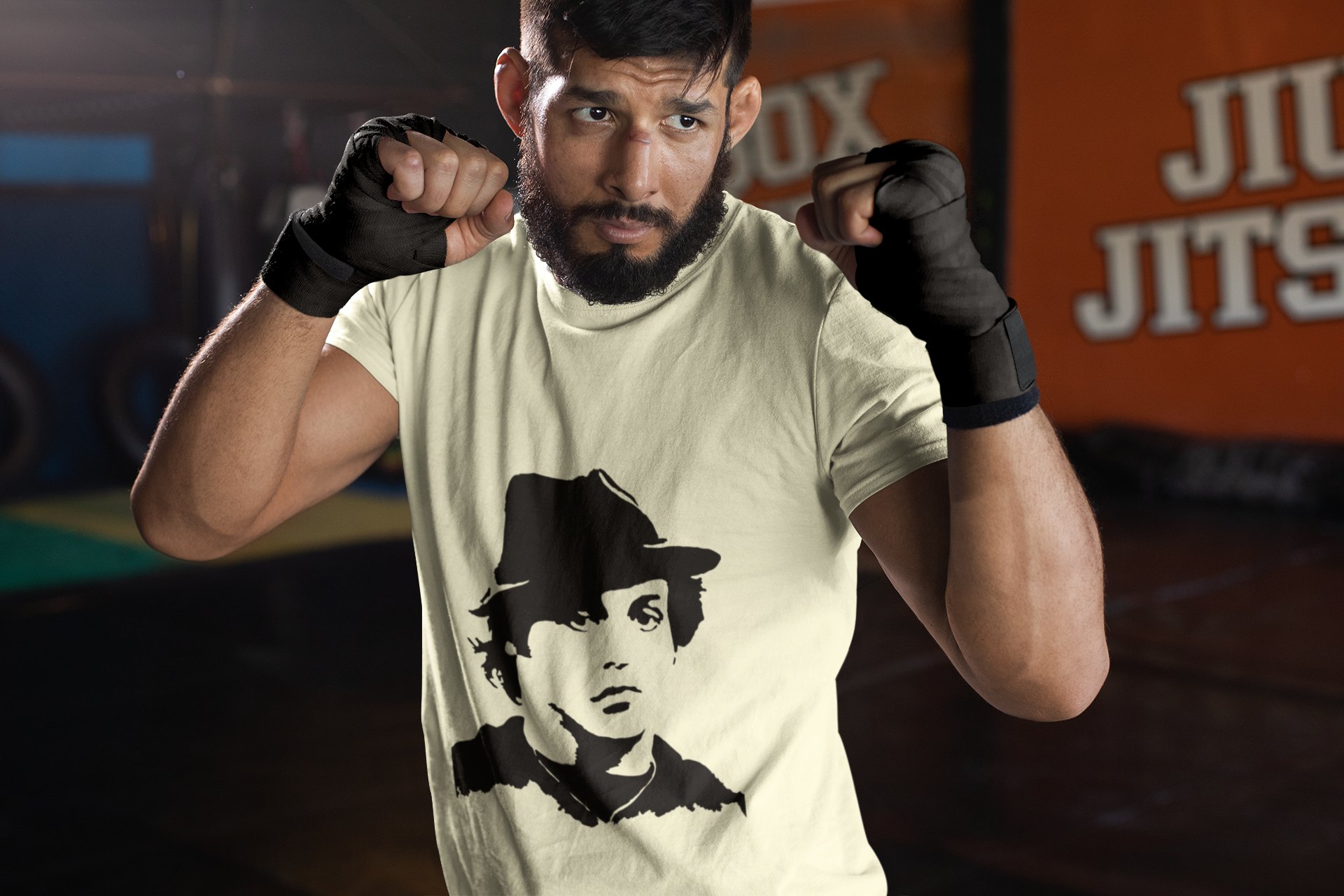 Rocky Fedora Cross Portrait boxing t-shirt in cream, sparring shot