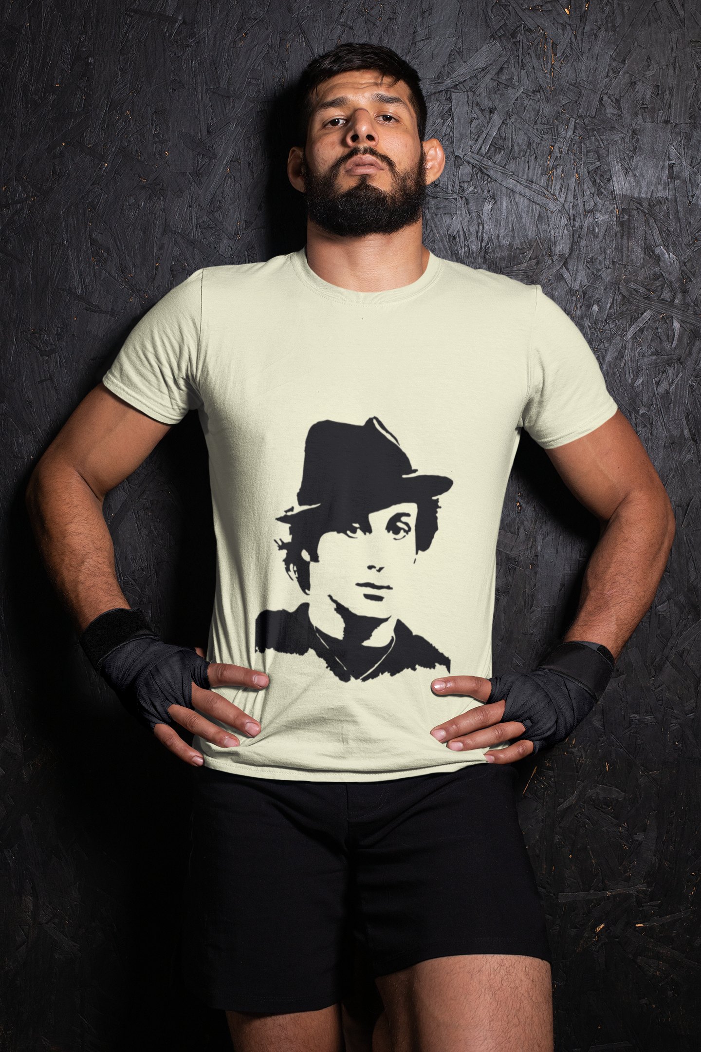 Rocky Fedora Cross Portrait boxing t-shirt in cream, wrestler shot