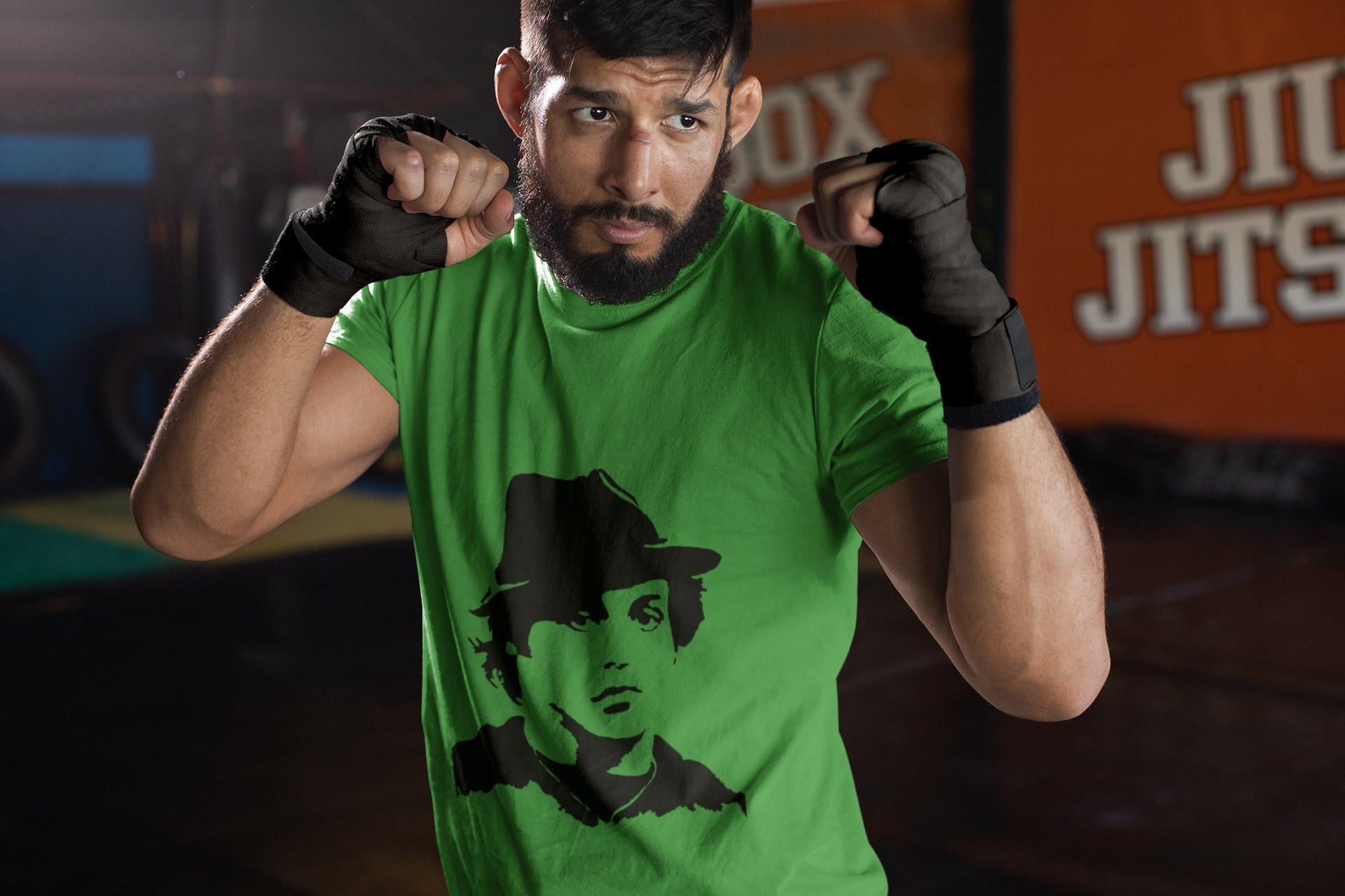 Rocky Fedora Cross Portrait boxing t-shirt in forest green, sparring shot